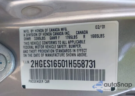 2001 Honda Civic Lx z USA, uszkodzony, nr VIN 2HGES16501H558731